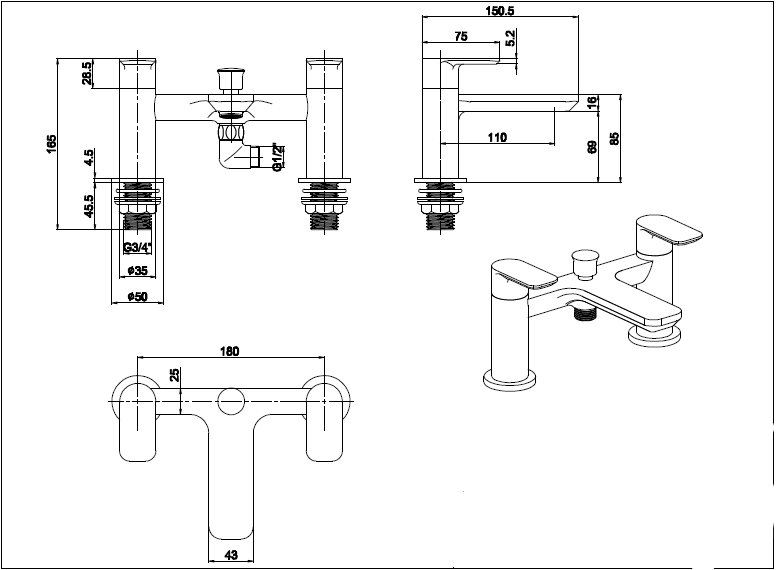 Rona Deck Mounted Baths Shower Mixer and Kit
