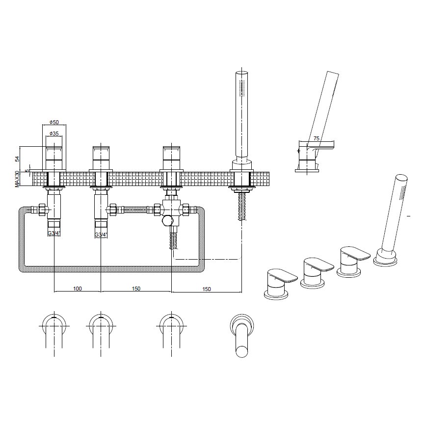 Rona 4 Hole Bath Shower Mixer