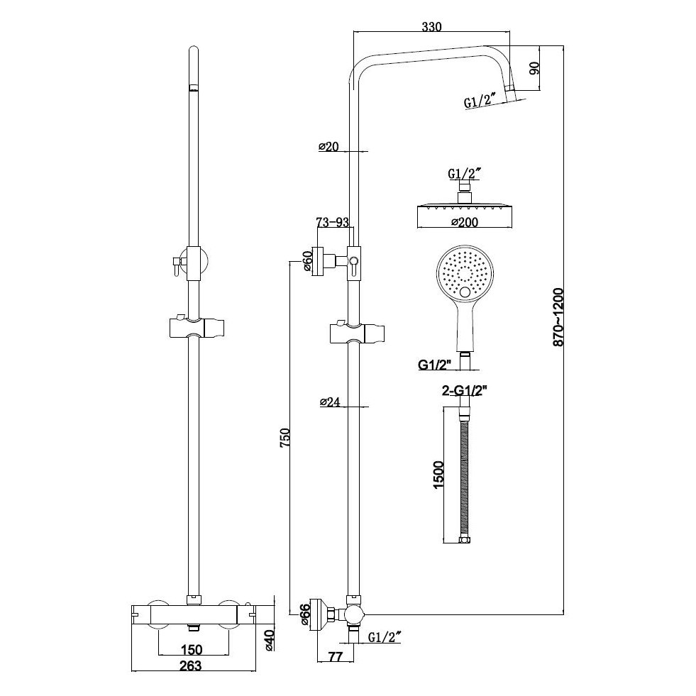 Spey Series 2 Exp Thermo Bar Shower Valve, Round Head, Fixed Rail Kit CP