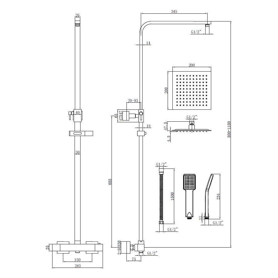 Orkney Series 2 Square Exp Thermo Bar Shower Valve, Square Head, Fixed Rail Kit CP