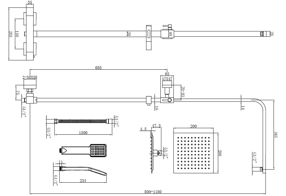 Orkney Series 2 Square Exp Thermo Bar Shower Valve, Square Head, Fixed Rail Kit CP