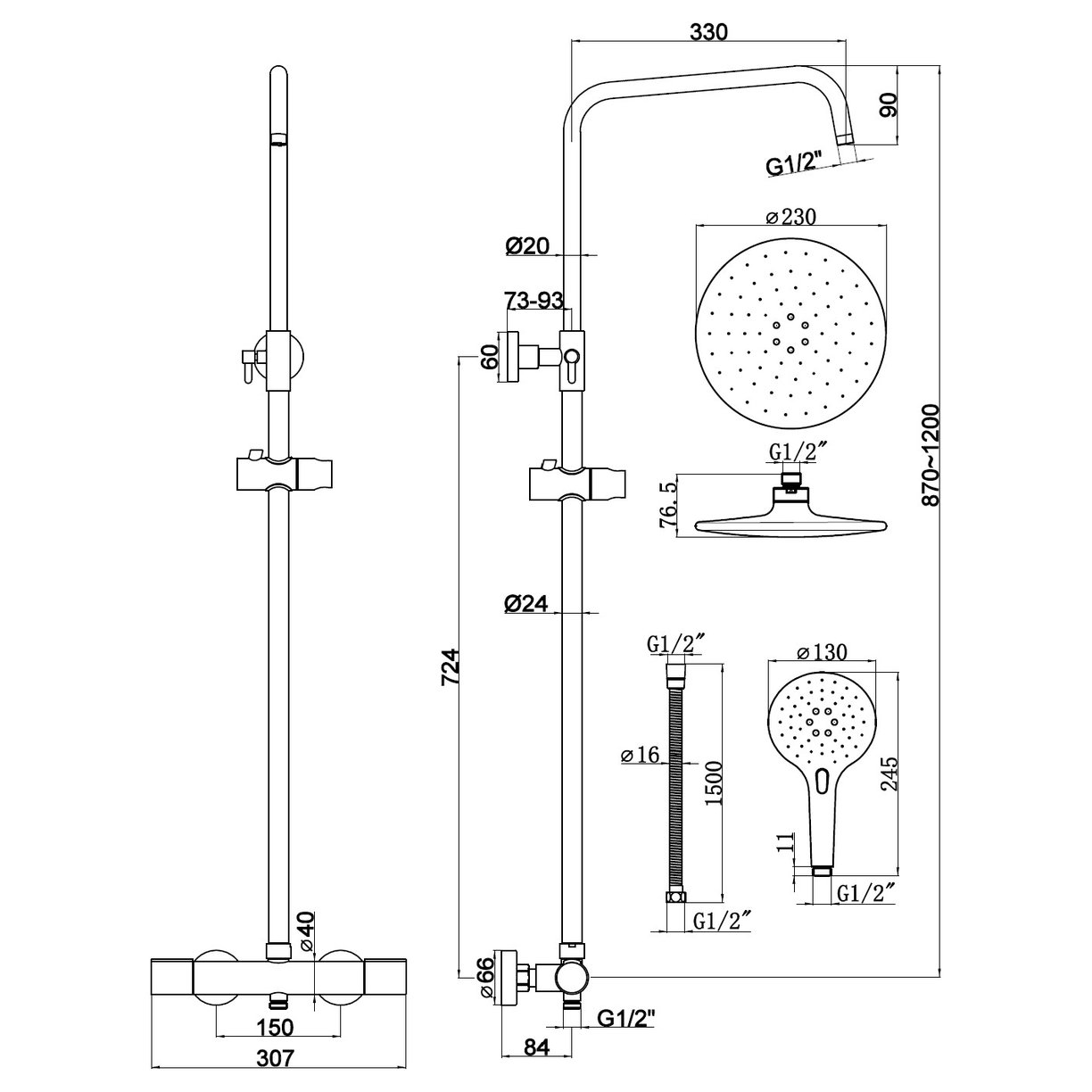 Ayton Twin Round Exposed Shower Pack (Complete With Fixing Brackets & 10mm Bore Hose)