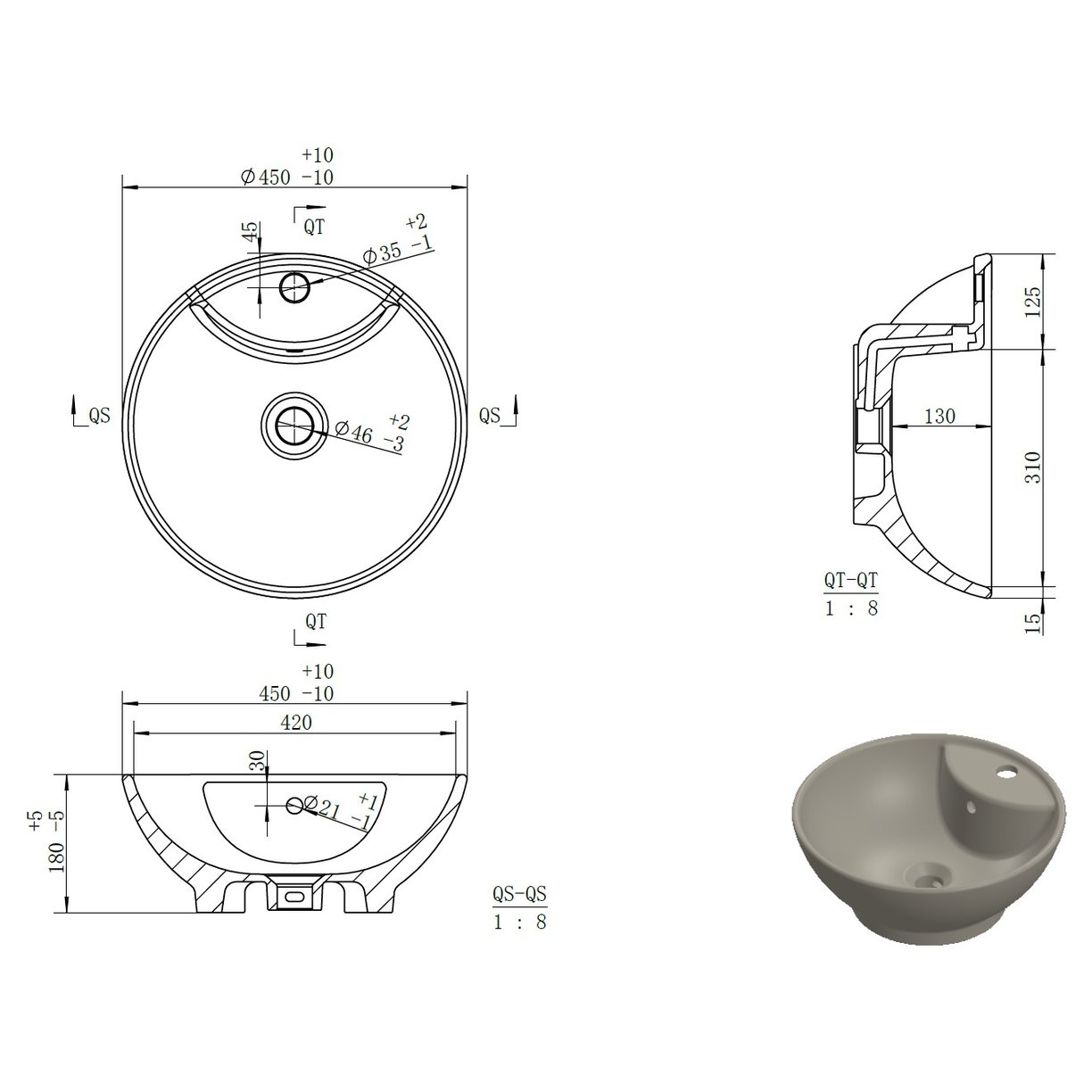 Jura 109 1TH 420mm Round Counter Top Washbasin