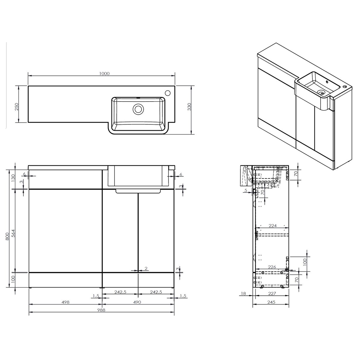 Lewis Slim 1000 Semi-Recessed Combination Unit (Right Hand Basin Option)