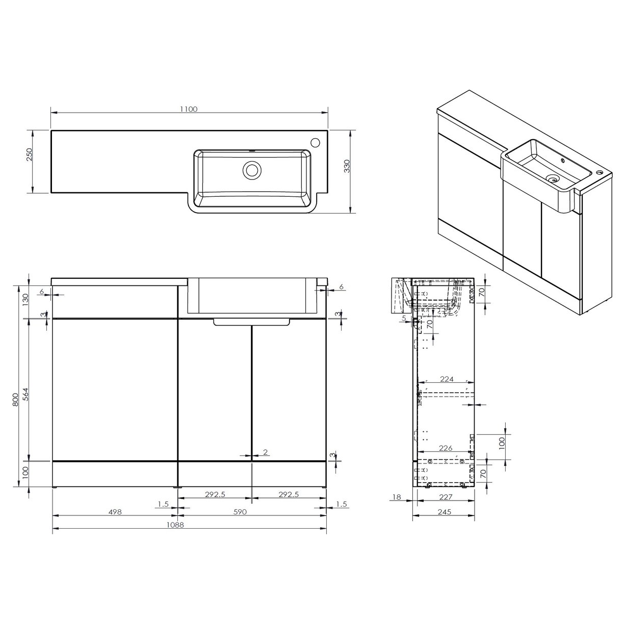 Lewis Slim 1100 Semi-Recessed Combination Unit (Right Hand Basin Option)