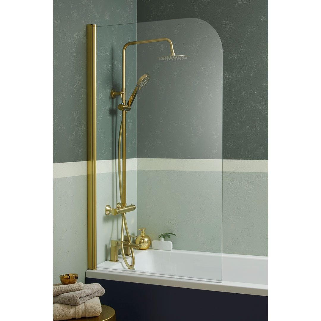 Leven Round Profile Over Bath Shower Screen Brushed Brass 1400 x 800 x 5mm