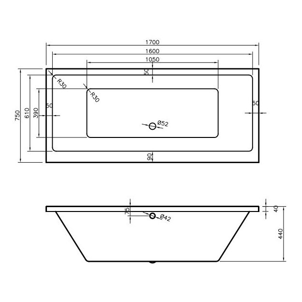 Jura 1700 x 750mm Double Ended Bath