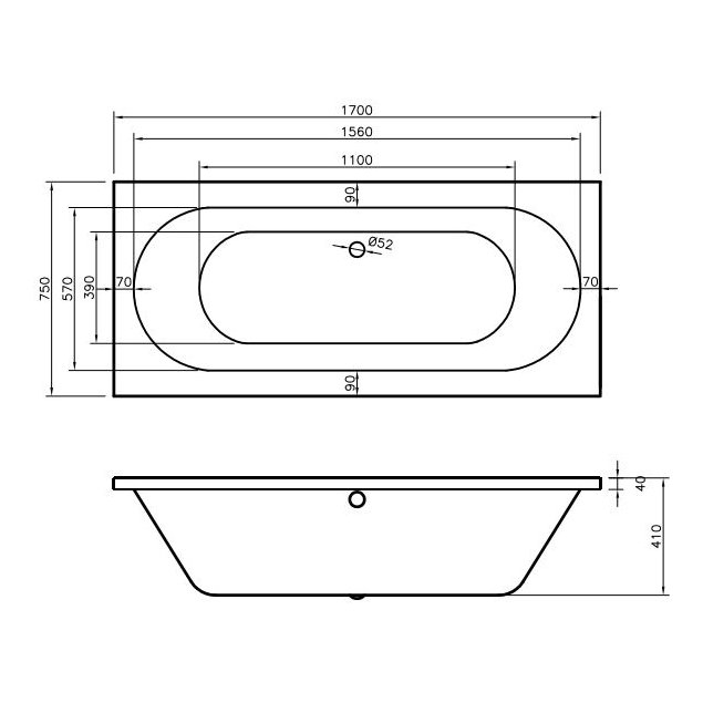 Braemar 1700 x 750mm Oval Double Ended Bath