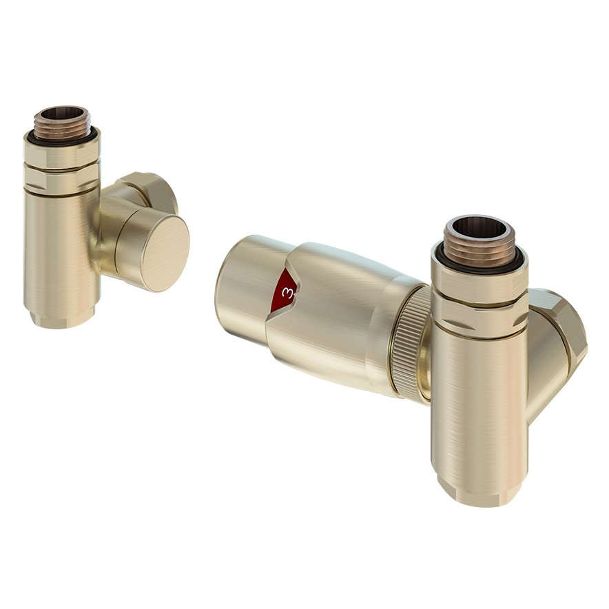15mm Corner Dual Fuel TRV & Lockshield Valve Brushed Brass