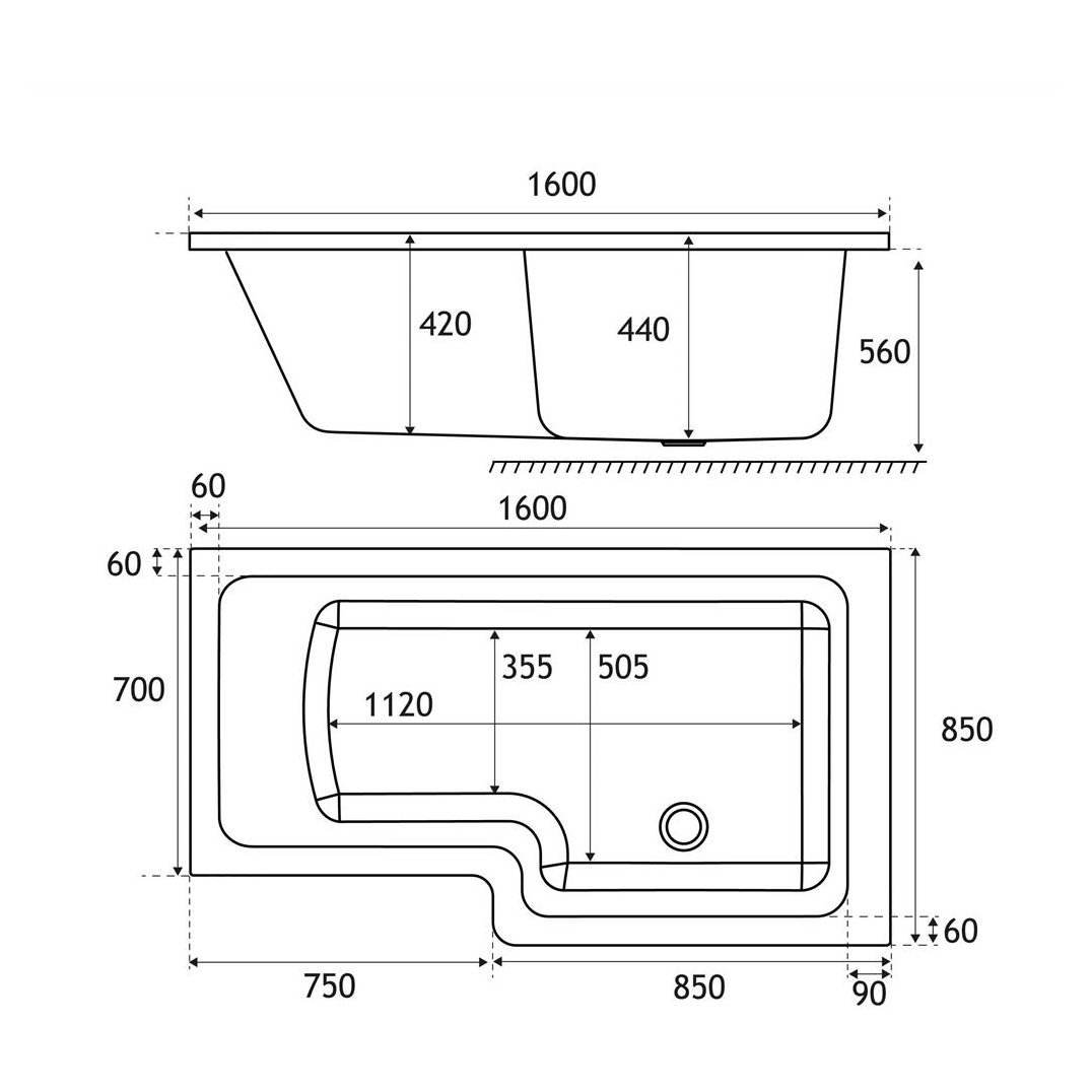 Portland L-Shape 1600x850x700 RH (440) 5mm