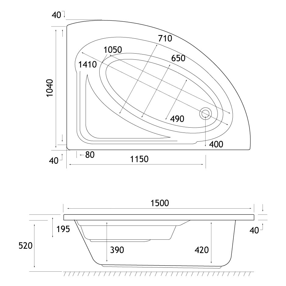 Lundy off set Corner bath 1500x1040 LH (400) Beauforte