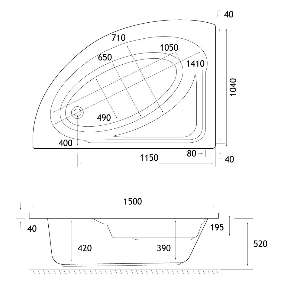 Lundy off set Corner bath 1500x1040 RH (400) Beauforte