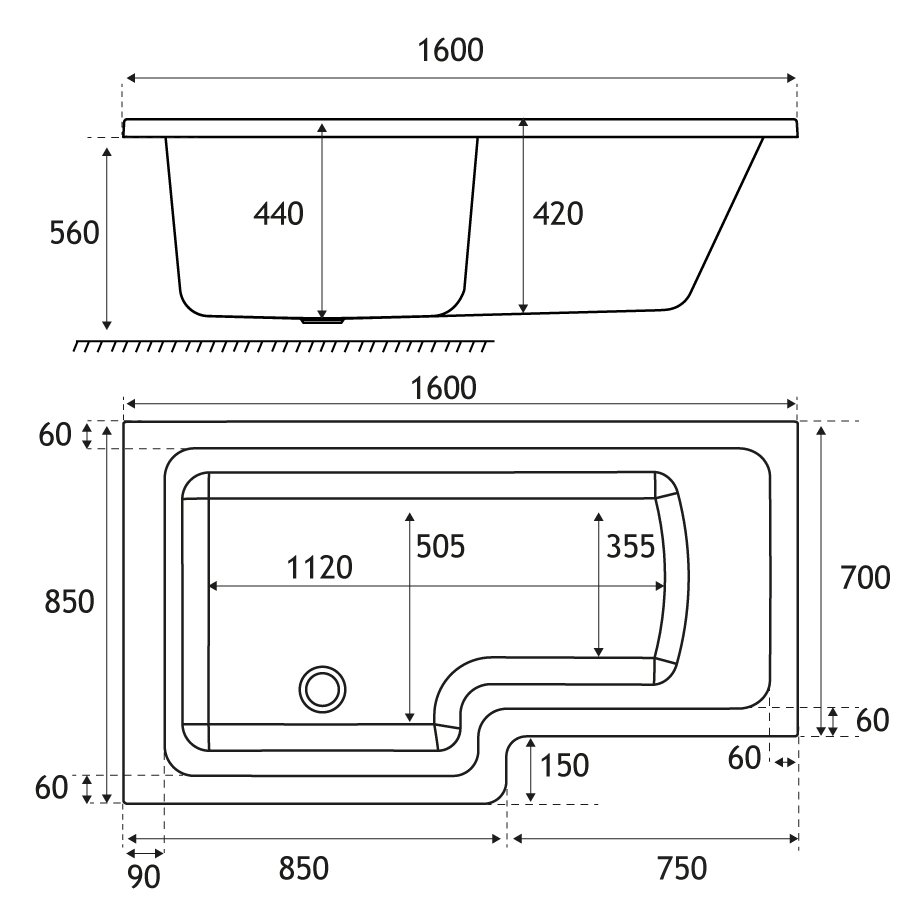 Portland L-Shape 1600x850x700 LH (440) Beauforte