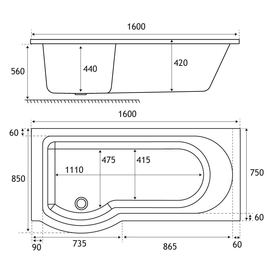 Portland P-Shape 1600x850x700 LH (440) Beauforte