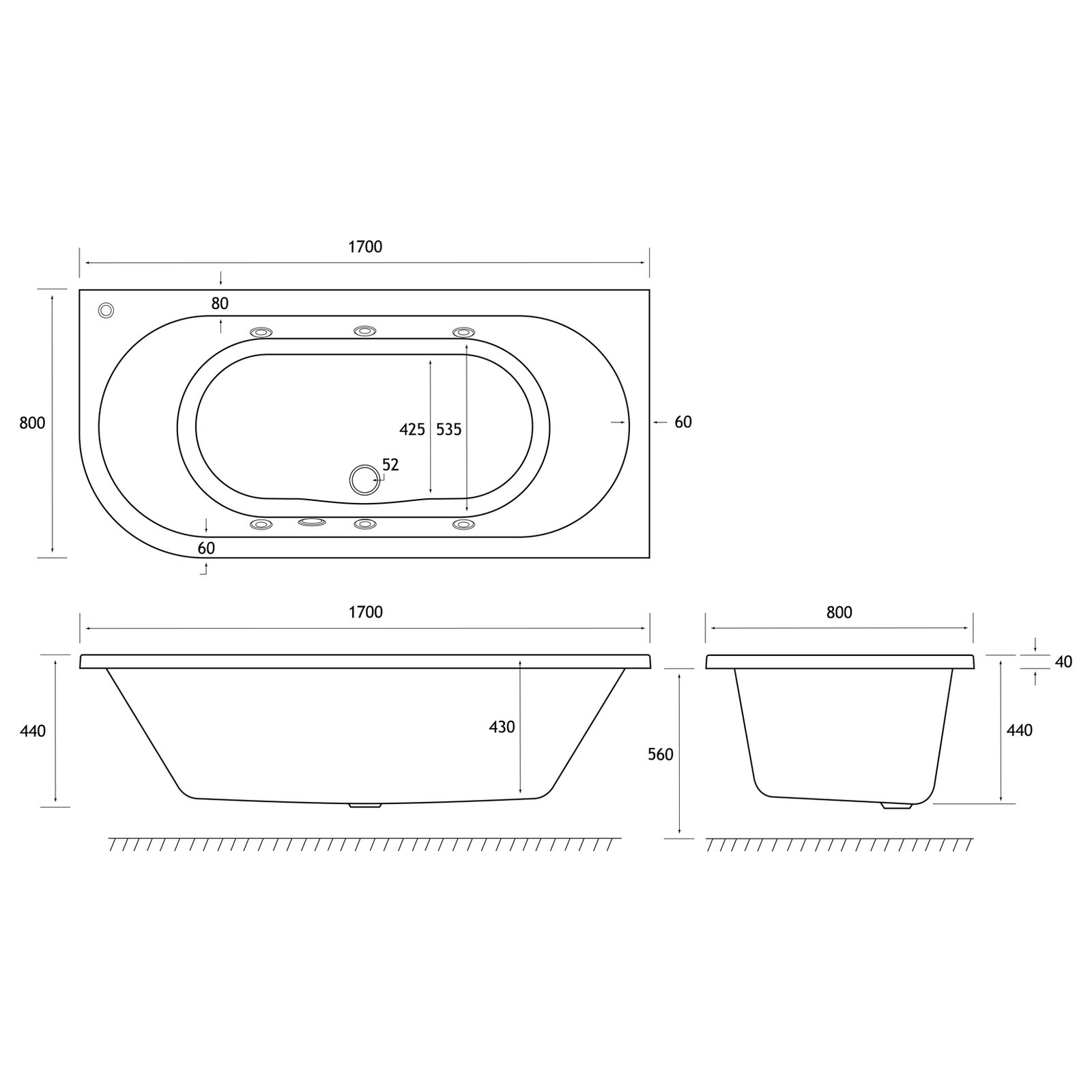 Beauforte Biscay 1700x800 (440) RH 6 jet whirlpool
