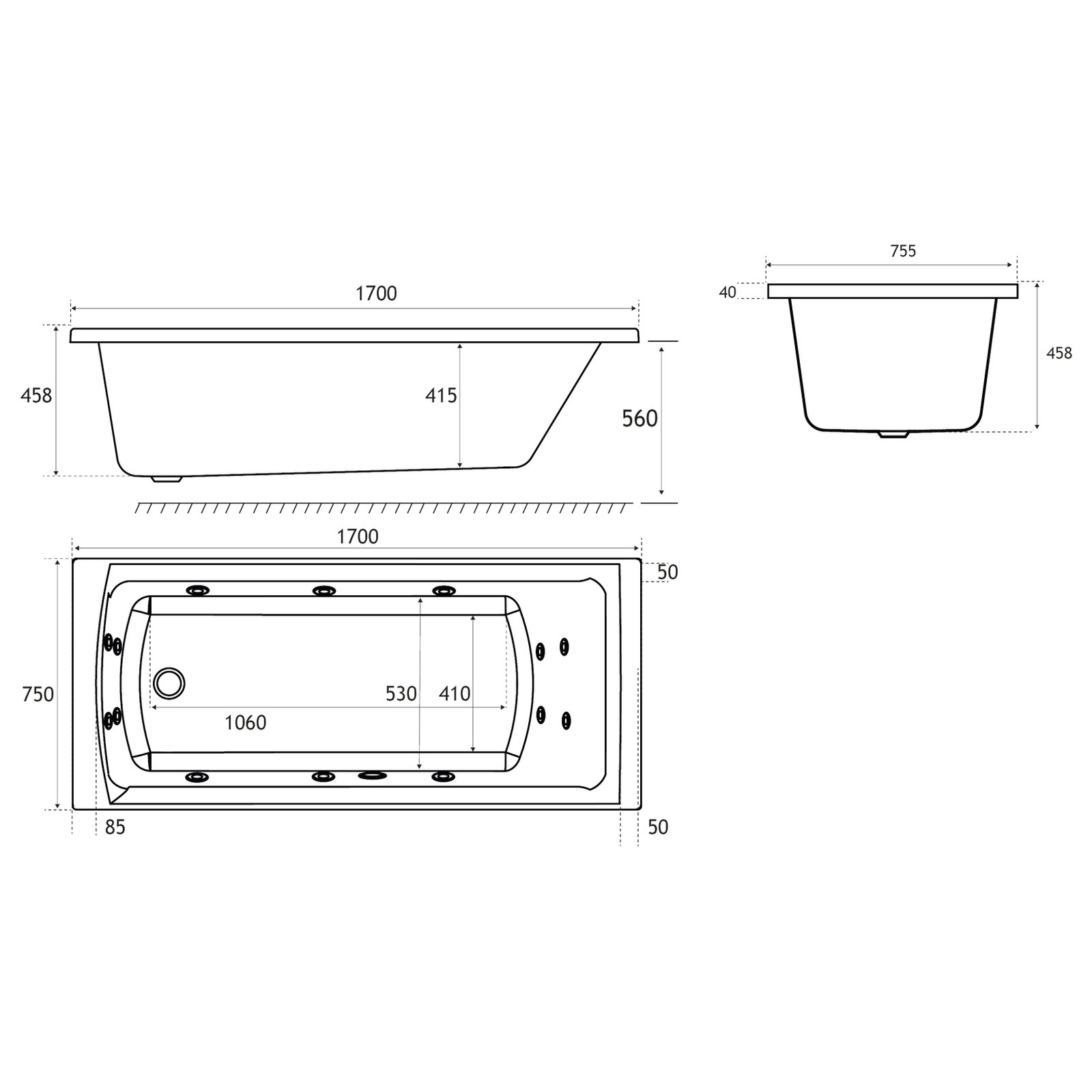 Rockall SE 1700x750 (440) c/w 14 jet whirlpool Beauforte