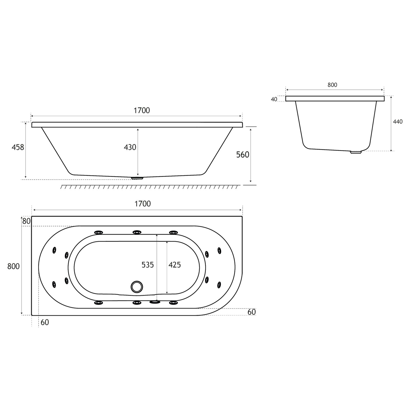 Biscay 1700x800 (440) LH c/w 14 jet whirlpool Beauforte