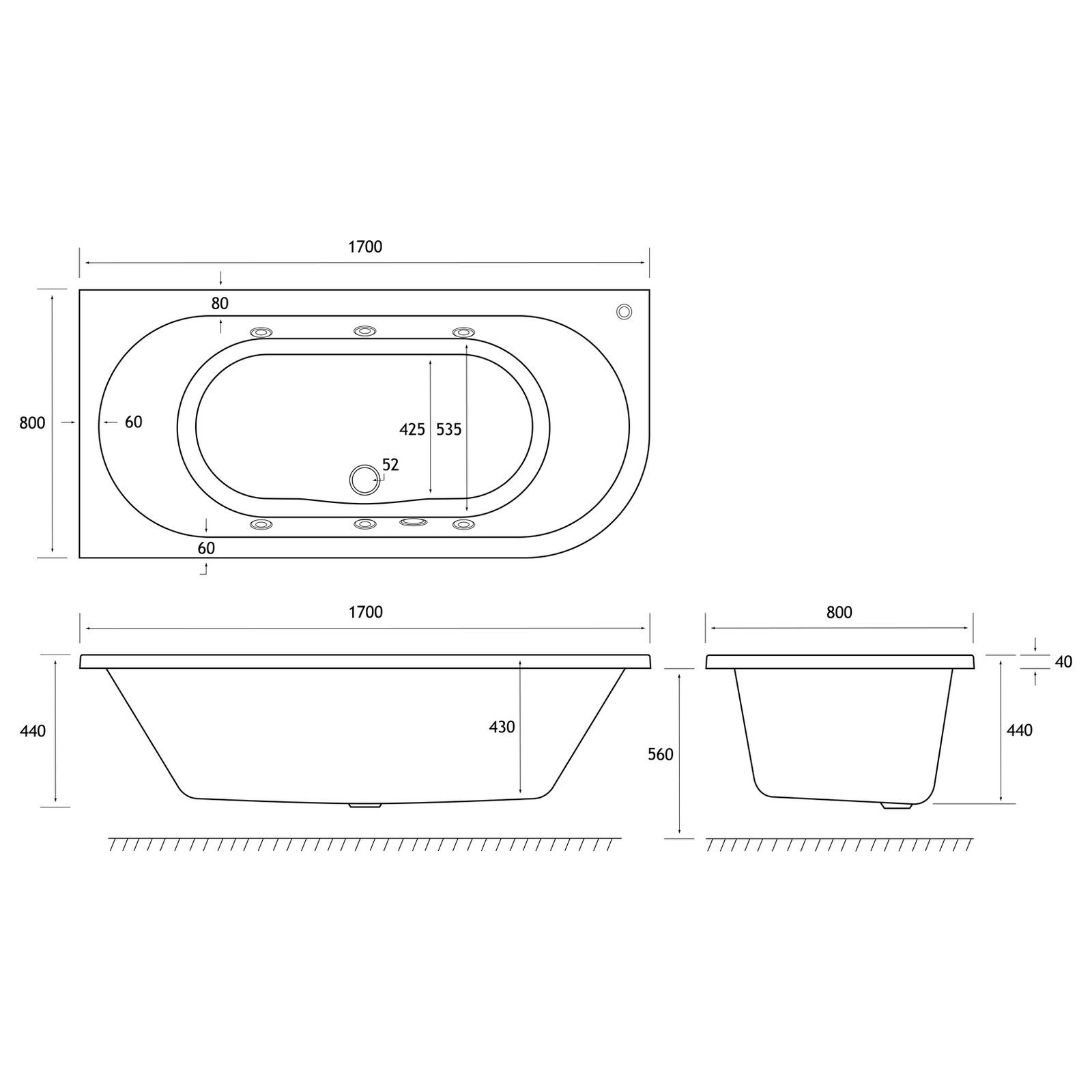 Biscay 1700x800 (440) LH c/w 14 jet whirlpool Beauforte