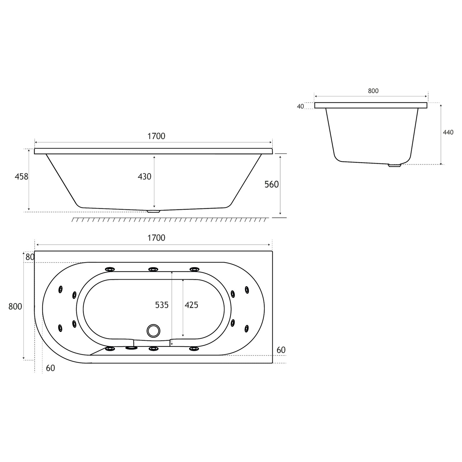 Biscay 1700x800 (440) RH c/w 14 jet whirlpool Beauforte