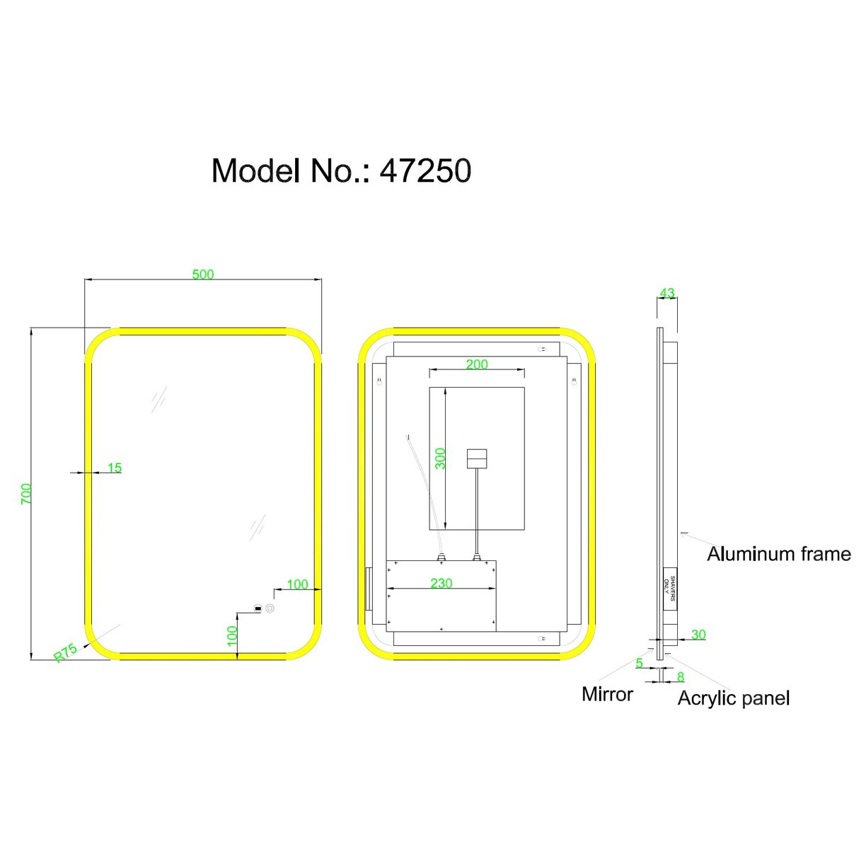 Torridon 500 x 700 Mirror C/W Shave Socket and USB ports