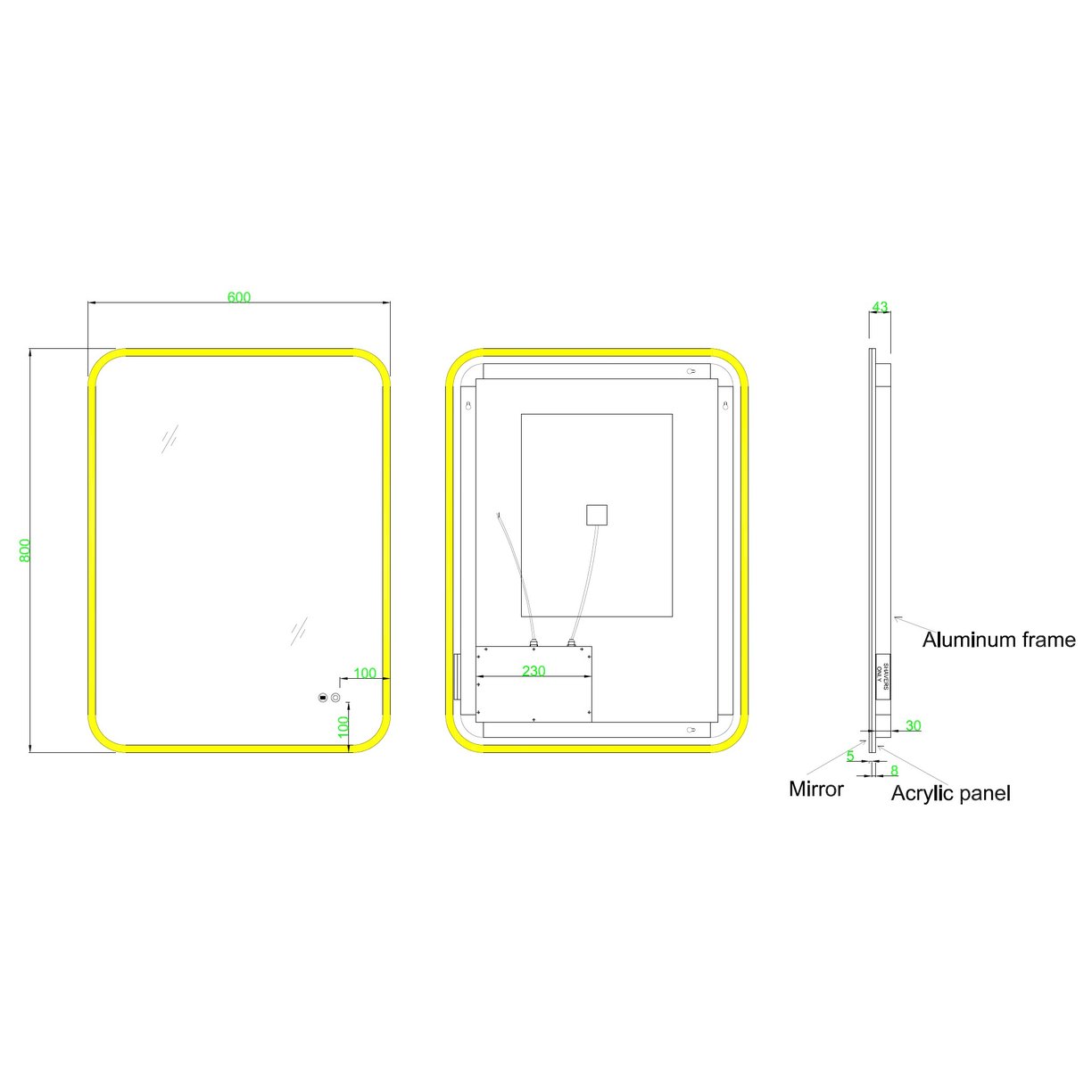 Torridon 600 x 800 Mirror C/W Shave Socket and USB ports