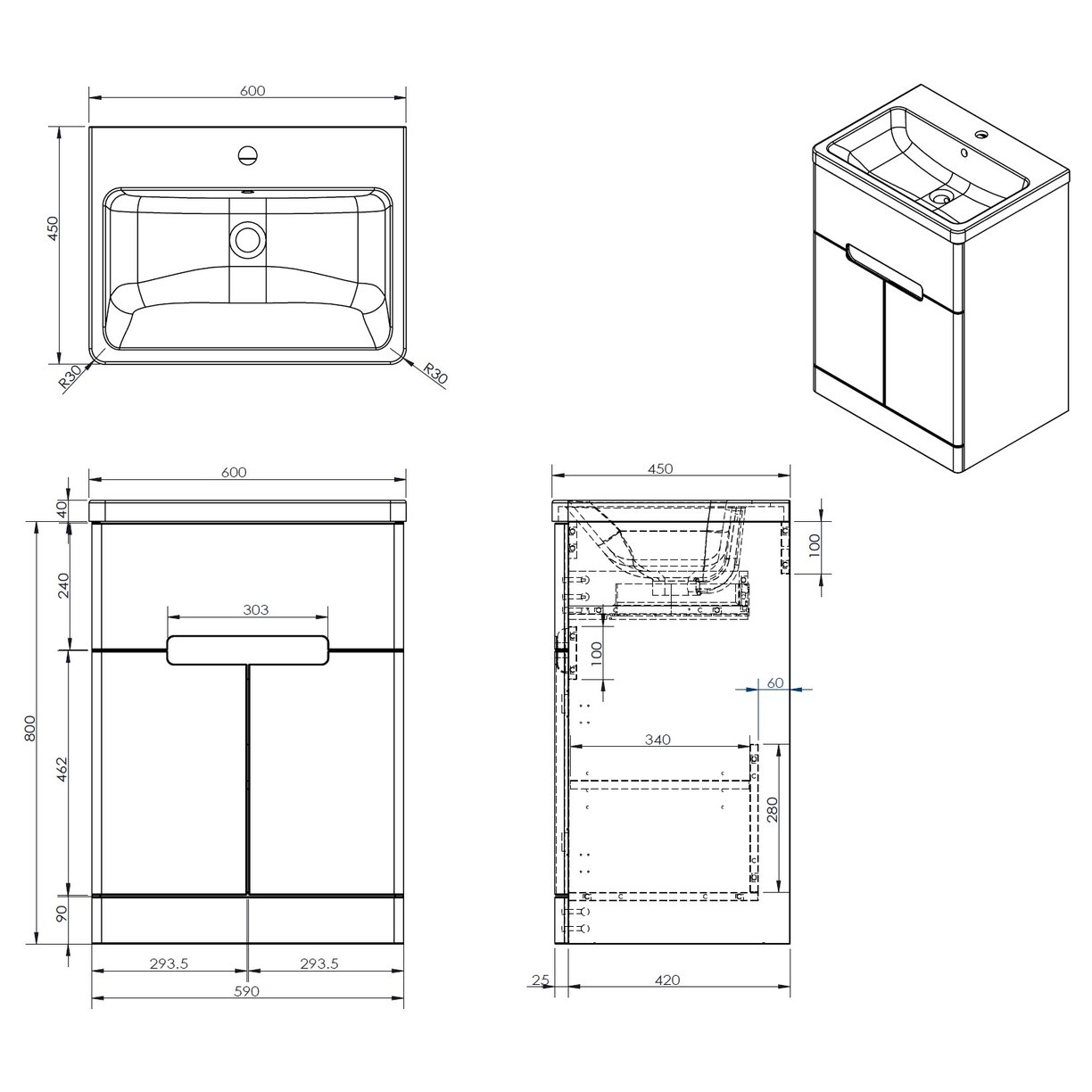 Selkirk 600 Floor Standing 1-Drawer 2-Door Vanity Unit with Armastone Basin