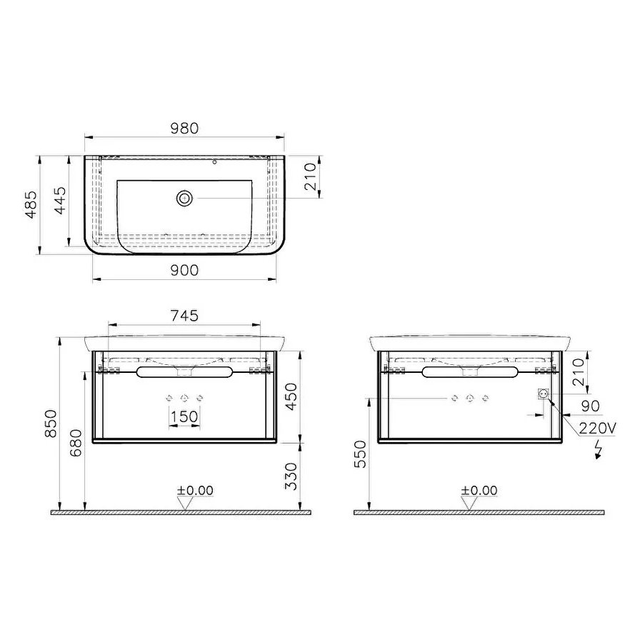 Sento Washbasin Unit, With 1 Drawer, Without Legs, 100 cm