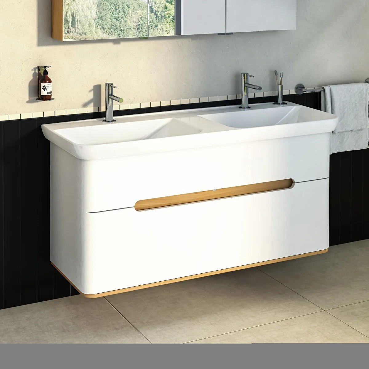 Sento Washbasin Unit, With 2 Drawers, With Double Washbasin, Without Legs, 130 cm