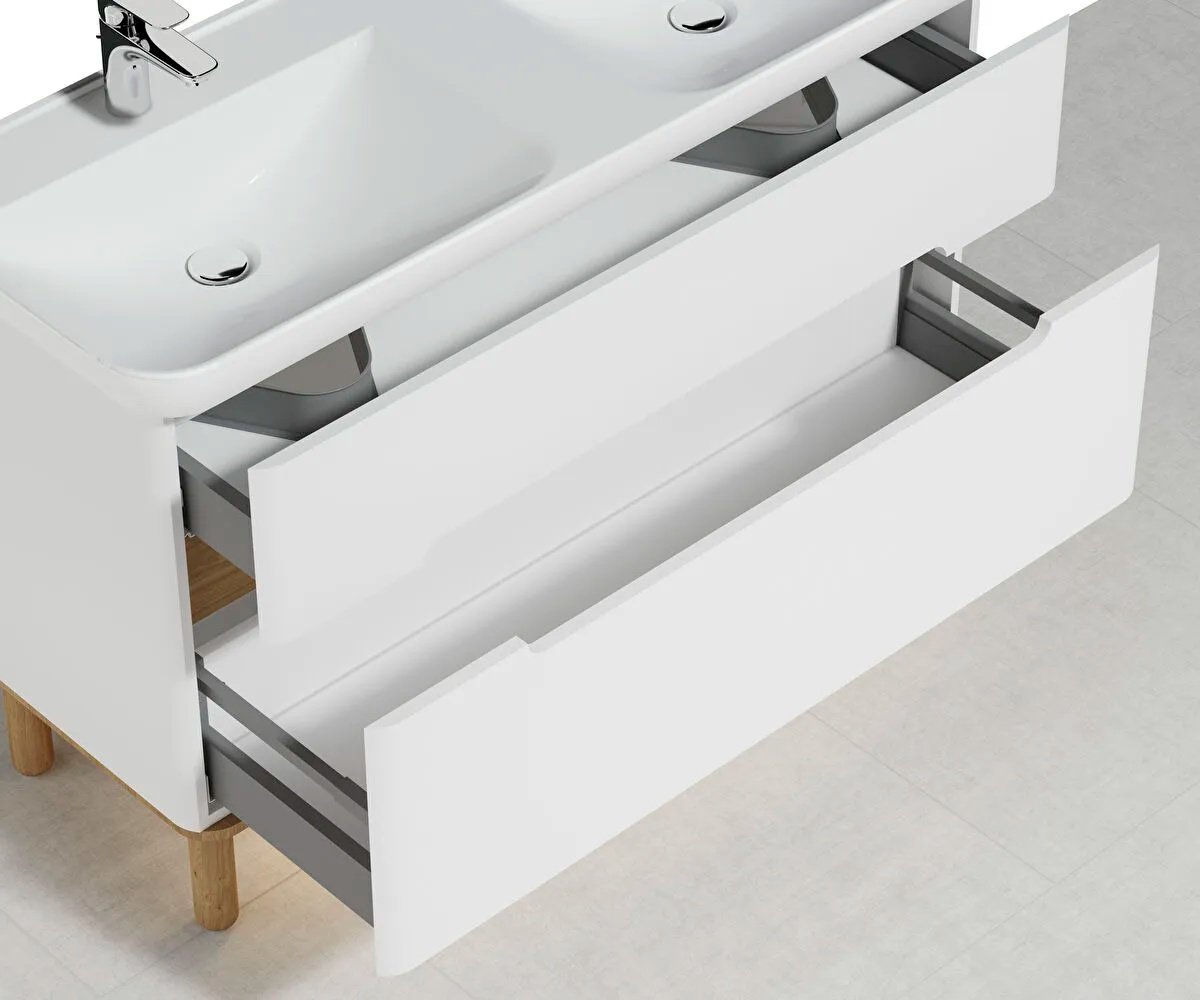 Sento Washbasin Unit, With 2 Drawers, With Double Washbasin, Without Legs, 130 cm