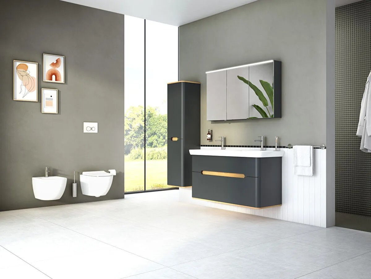 Sento Washbasin Unit, With 2 Drawers, With Double Washbasin, Without Legs, 130 cm