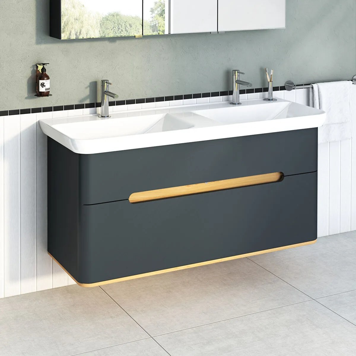 Sento Washbasin Unit, With 2 Drawers, With Double Washbasin, Without Legs, 130 cm