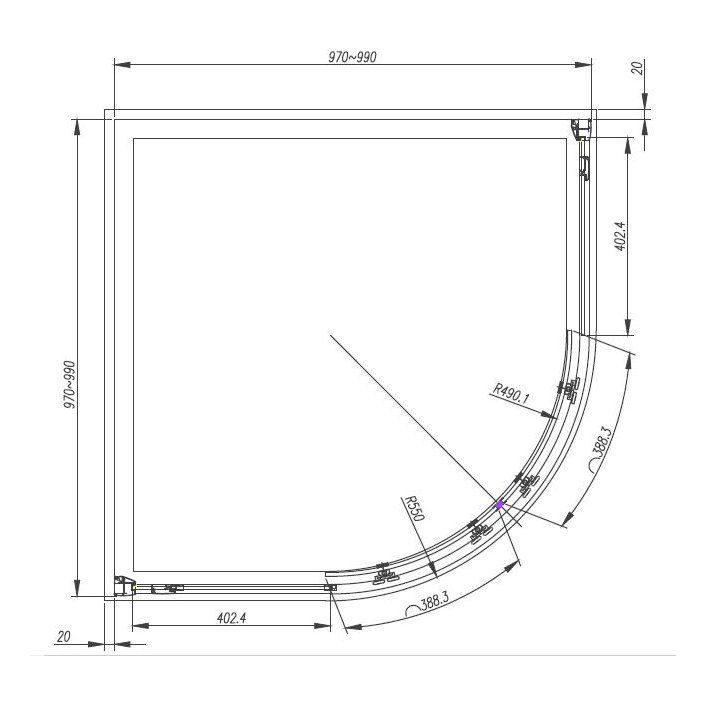 Cara 1000 x 1000mm 8mm 2 Door Quadrant 1900mm High
