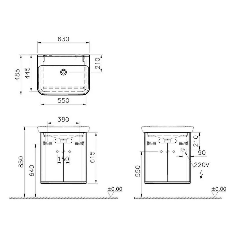 Sento Washbasin Unit, With Doors, Without Legs, 65 cm