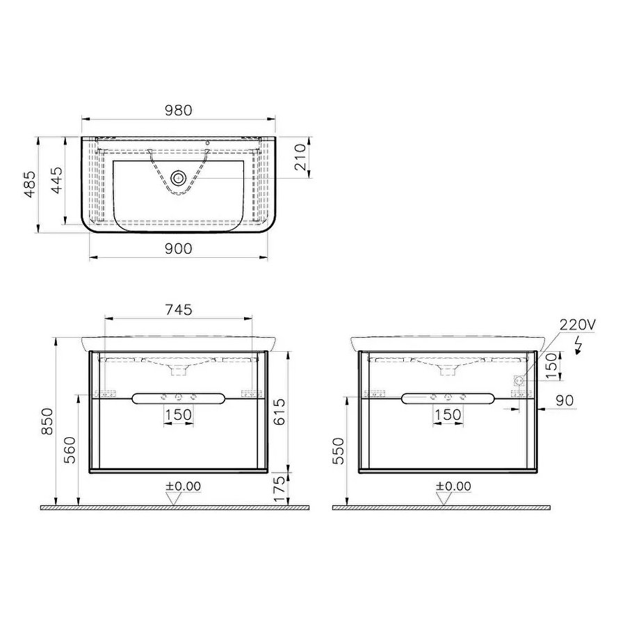 Sento Washbasin Unit, With 2 Drawers, Without Legs, 100 cm
