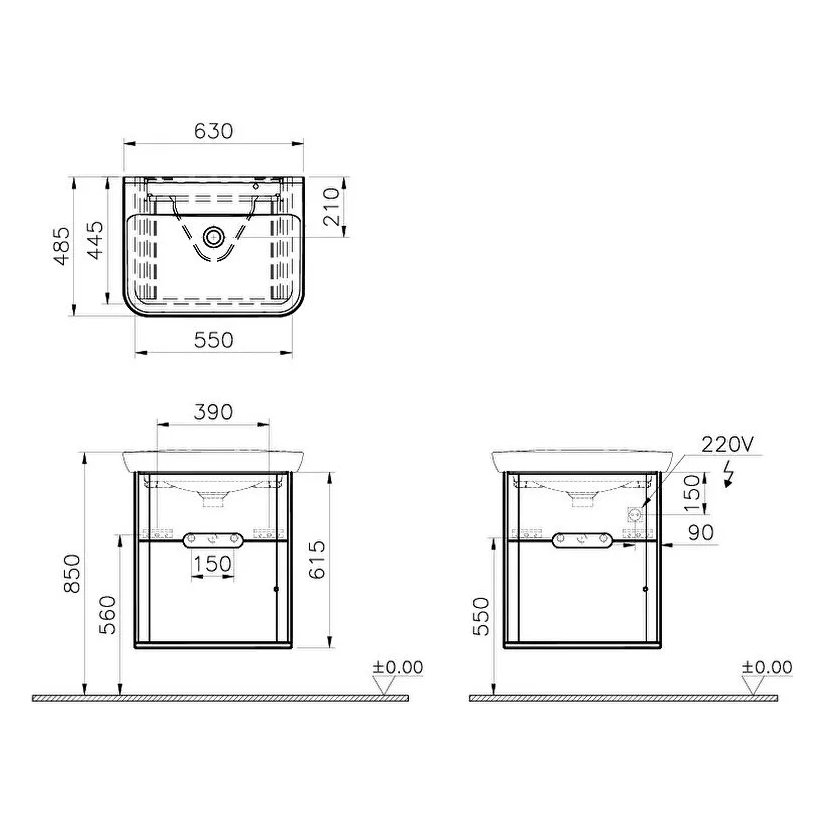 Sento Washbasin Unit, 65 cm, With 2 Drawers, Without Legs
