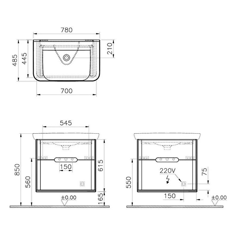 Sento Washbasin Unit, With 2 Drawers, Without Legs, 80 cm