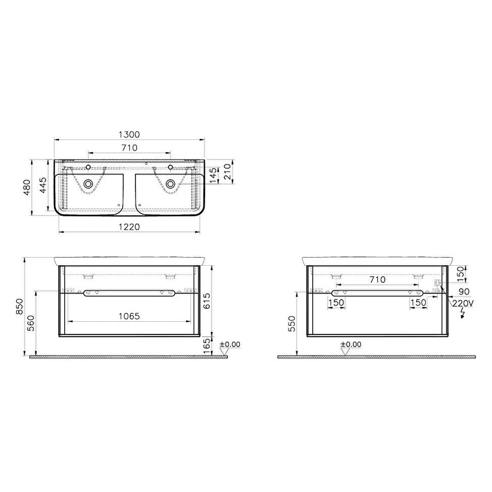 Sento Washbasin Unit, With 2 Drawers, With Double Washbasin, Without Legs, 130 cm