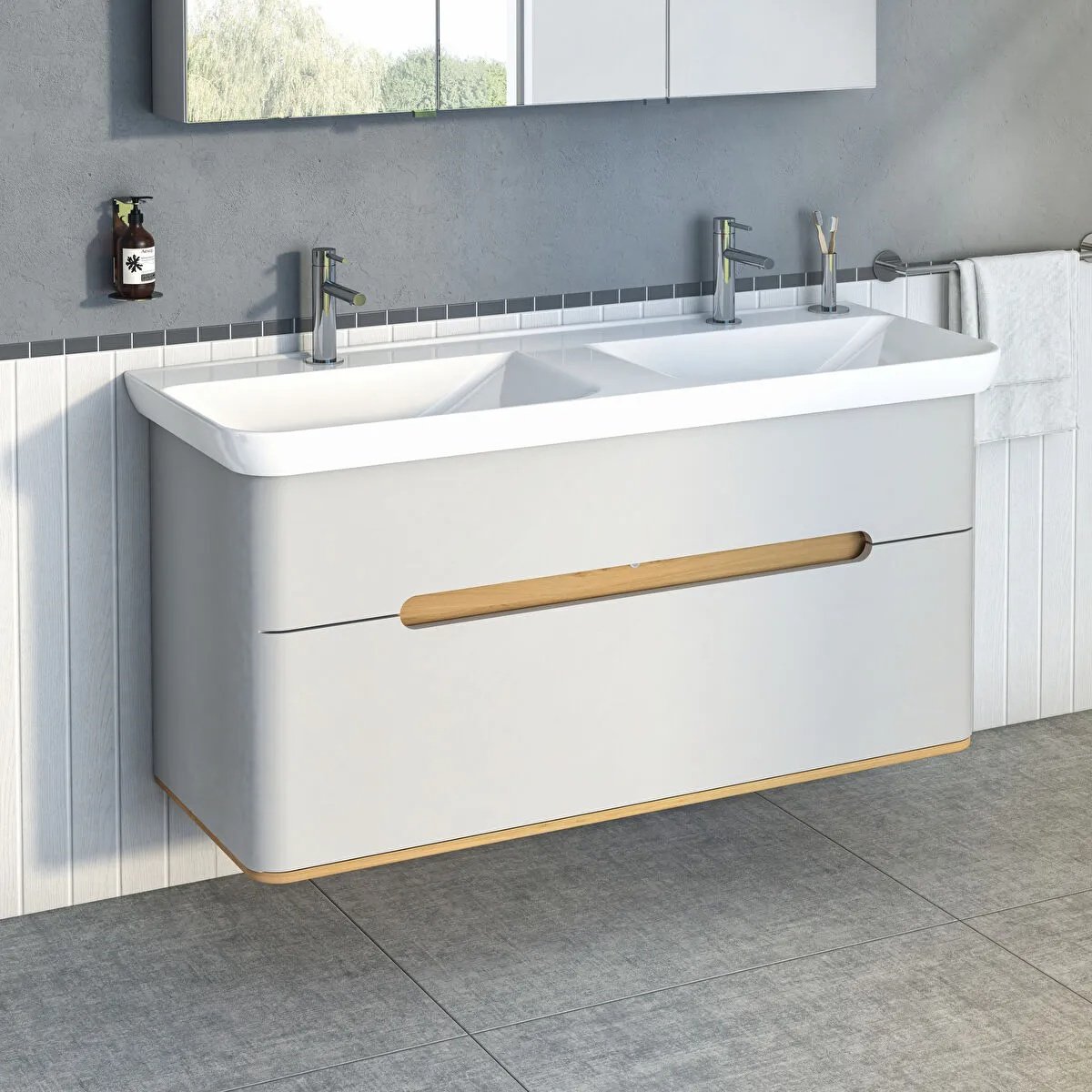 Sento Washbasin Unit, With 2 Drawers, With Double Washbasin, Without Legs, 130 cm