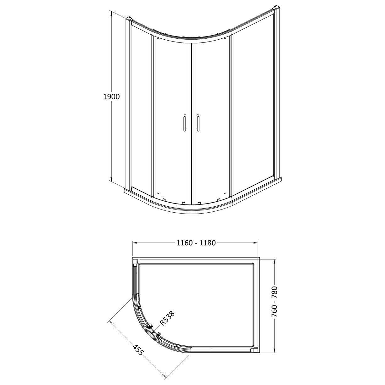 1200mm x 800mm Offset Quadrant - Matt Black