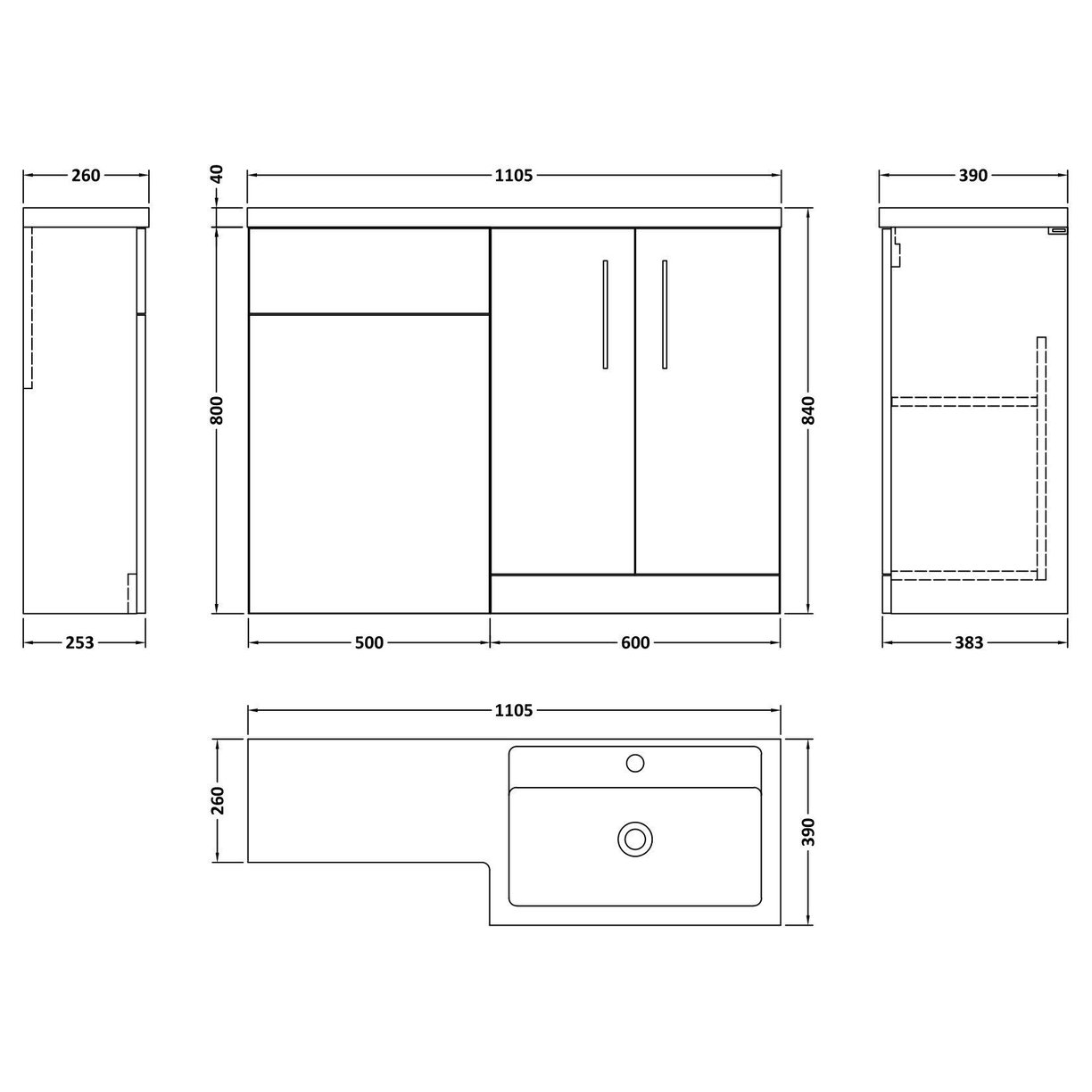 1100 390mm Combination Unit RH - Gloss White