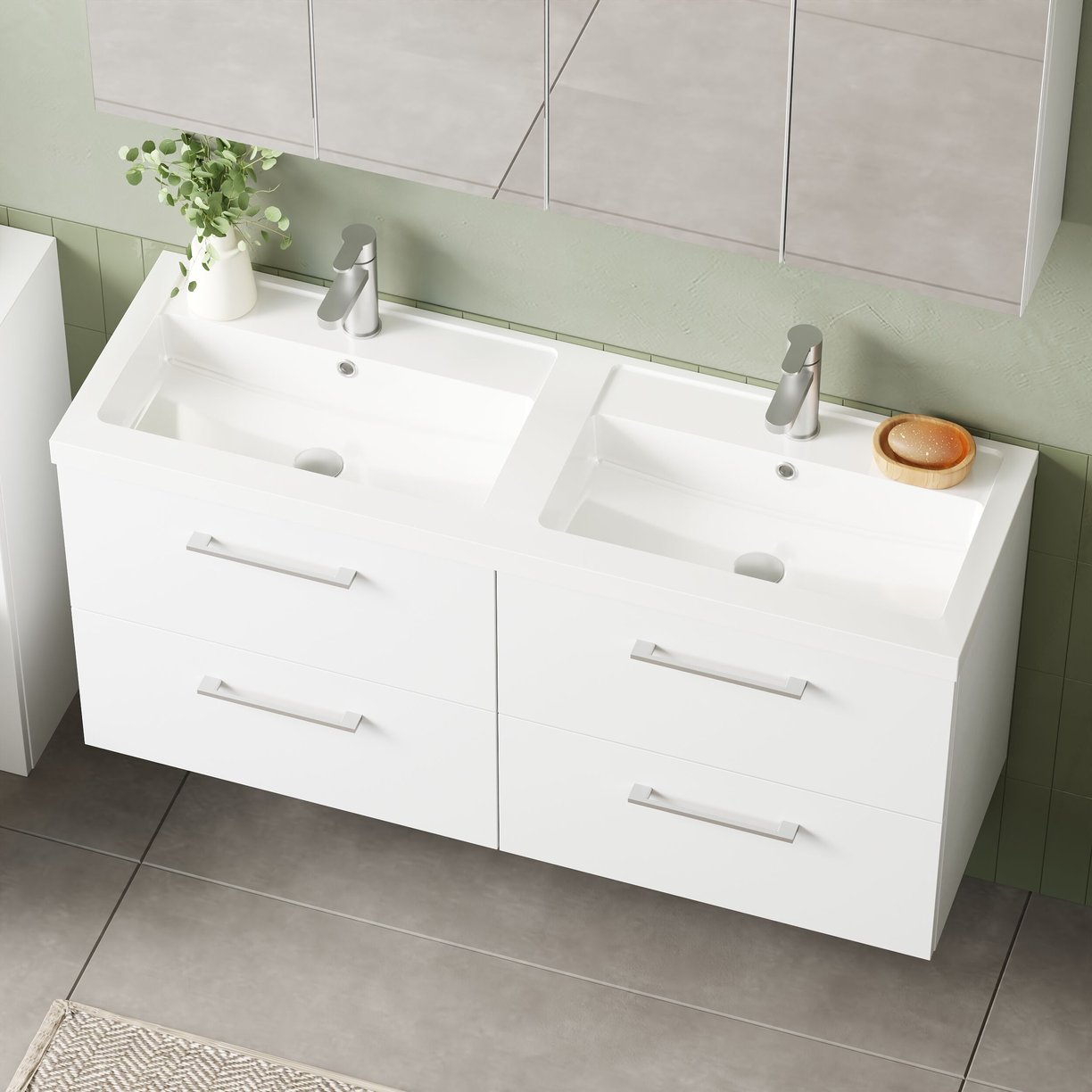 1200mm WH 4-Drawer Vanity & Double Basin - Gloss White
