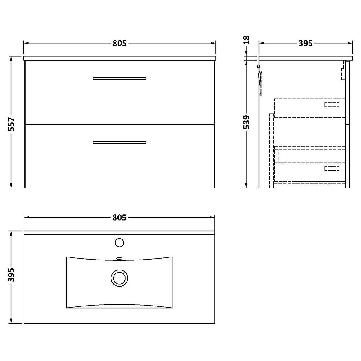 800mm WH 2-Drawer Vanity & Basin 2 - Gloss White