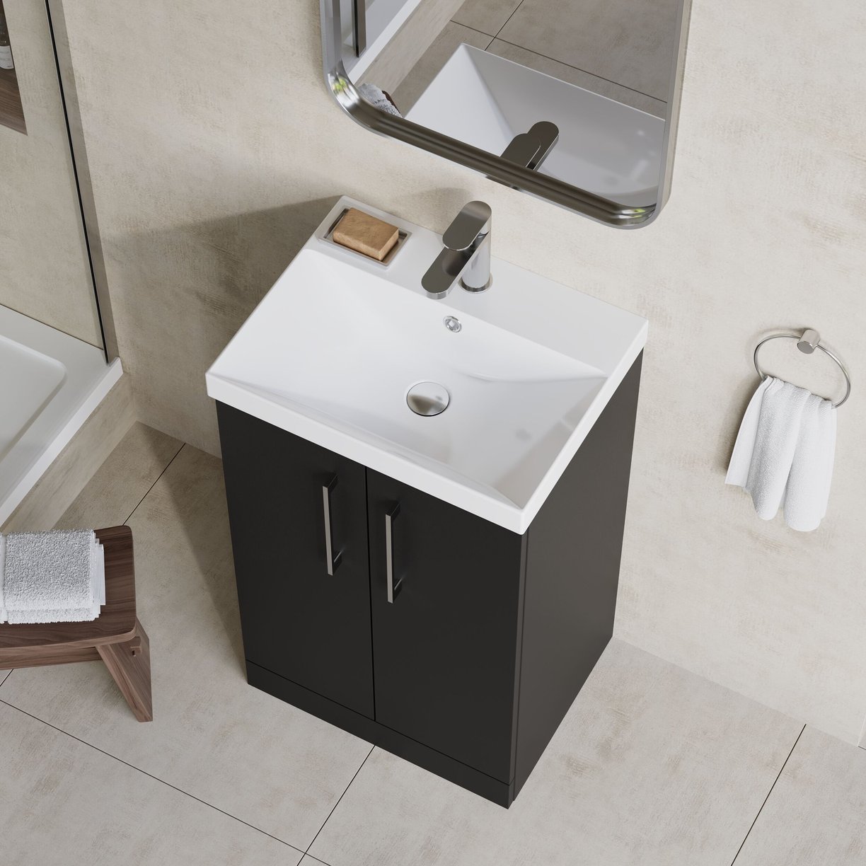 500mm FS 2-Door Vanity & Basin 3 - Satin Soft Black