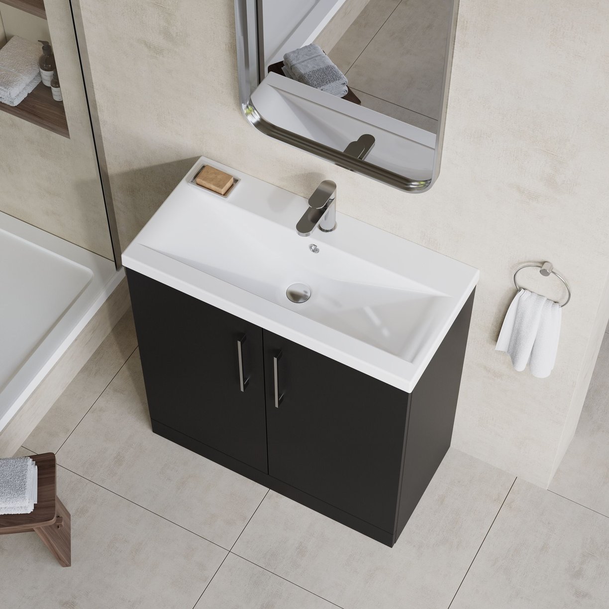 800mm FS 2-Door Vanity & Basin 1 - Satin Soft Black