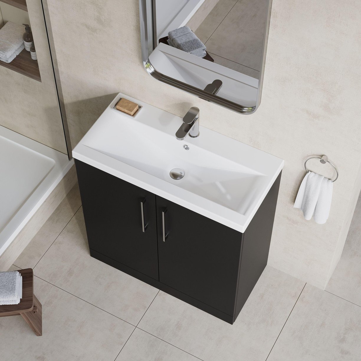 800mm FS 2-Door Vanity & Basin 1 - Satin Soft Black