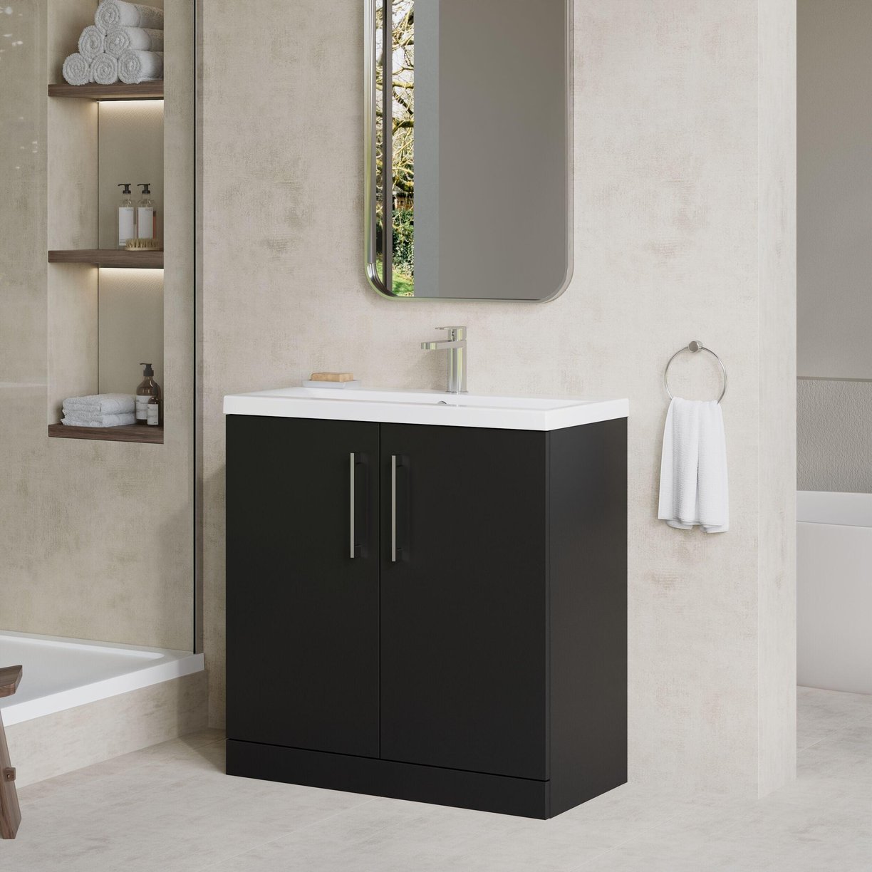 800mm FS 2-Door Vanity & Basin 1 - Satin Soft Black