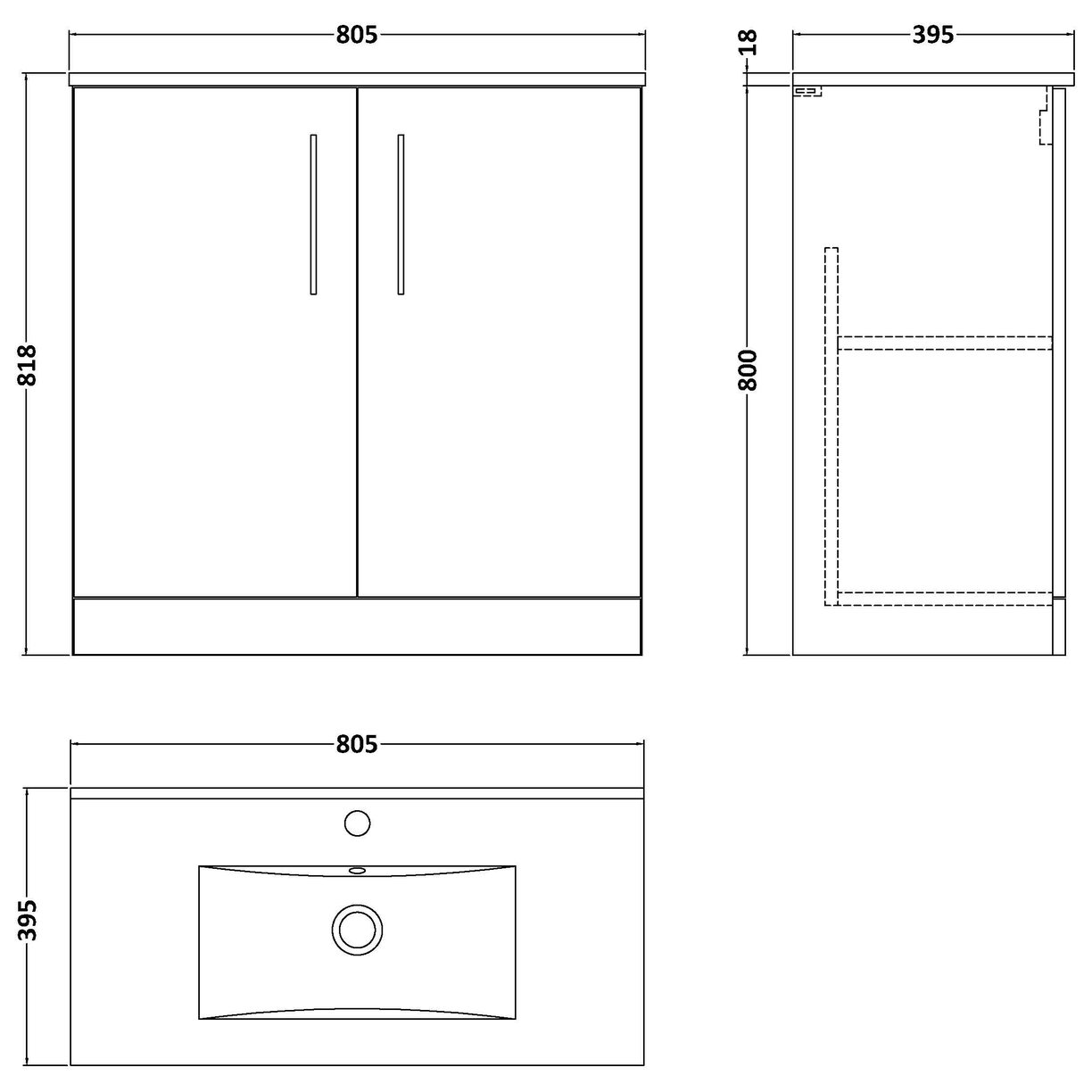 800mm FS 2-Door Vanity & Basin 2 - Satin Soft Black
