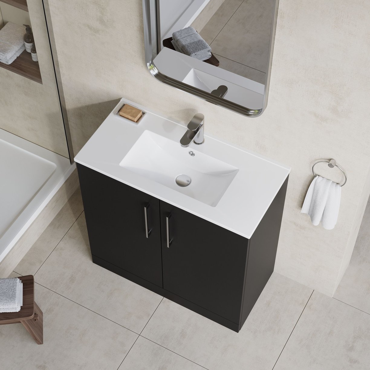 800mm FS 2-Door Vanity & Basin 2 - Satin Soft Black