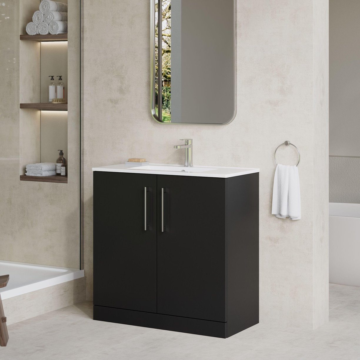 800mm FS 2-Door Vanity & Basin 2 - Satin Soft Black