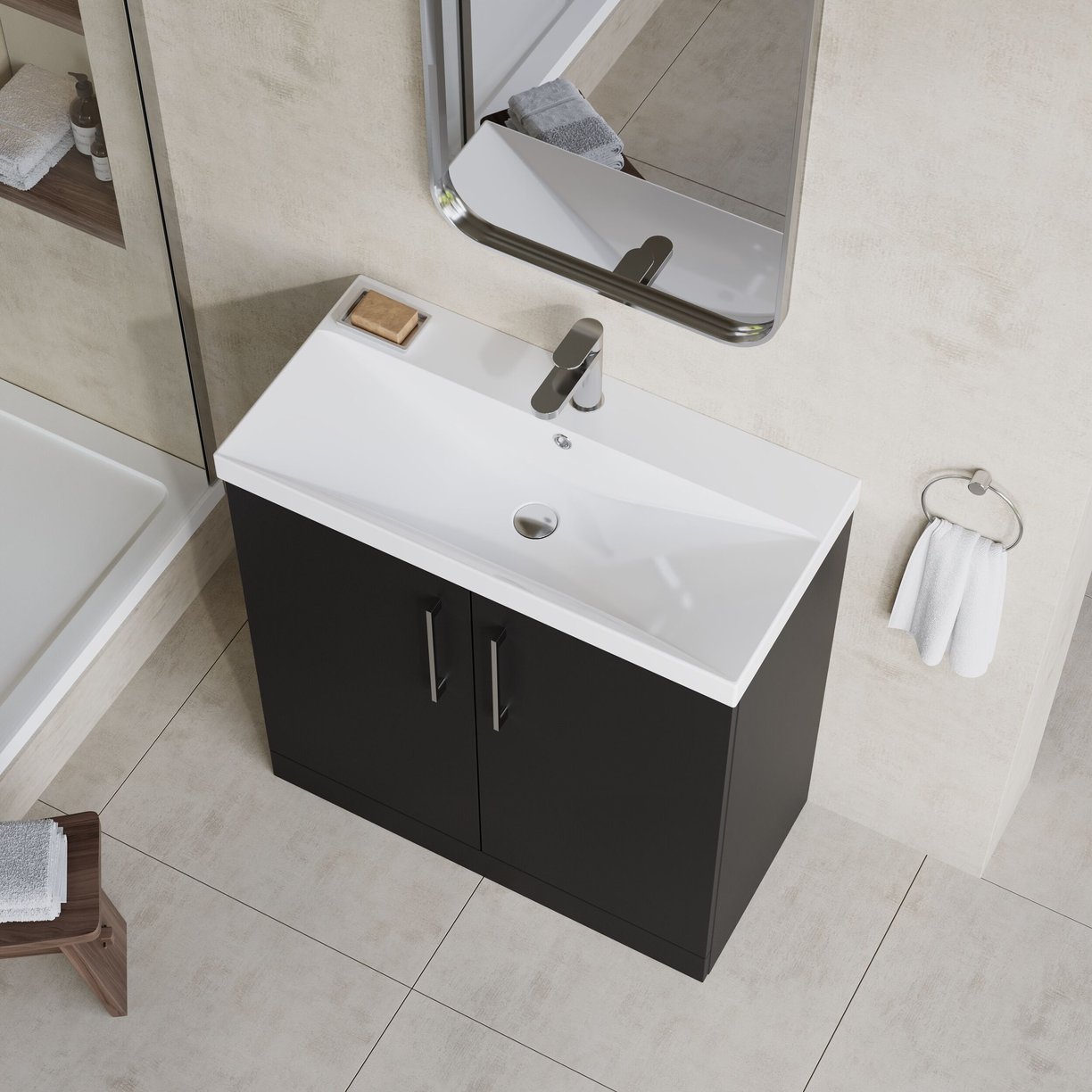 800mm FS 2-Door Vanity & Basin 3 - Satin Soft Black